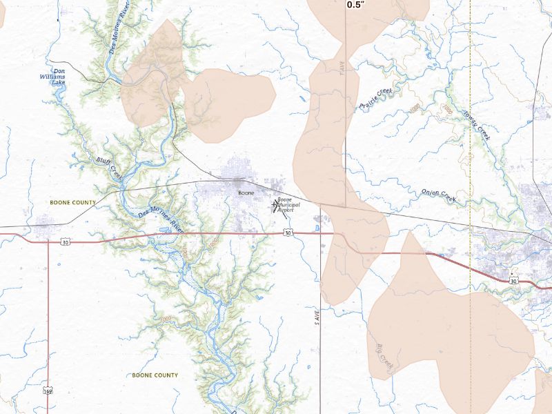 Radar-estimated hail-size map of the storm over Boone, IA on Oct 8, 2026