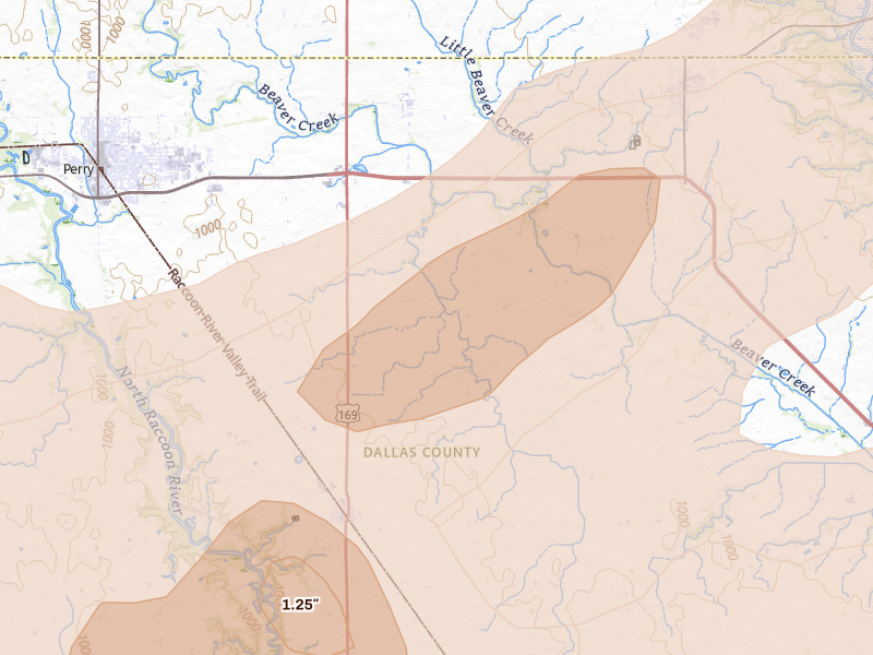 Radar-estimated hail-size map of the storm over Bouton, IA on Mar 30, 2026