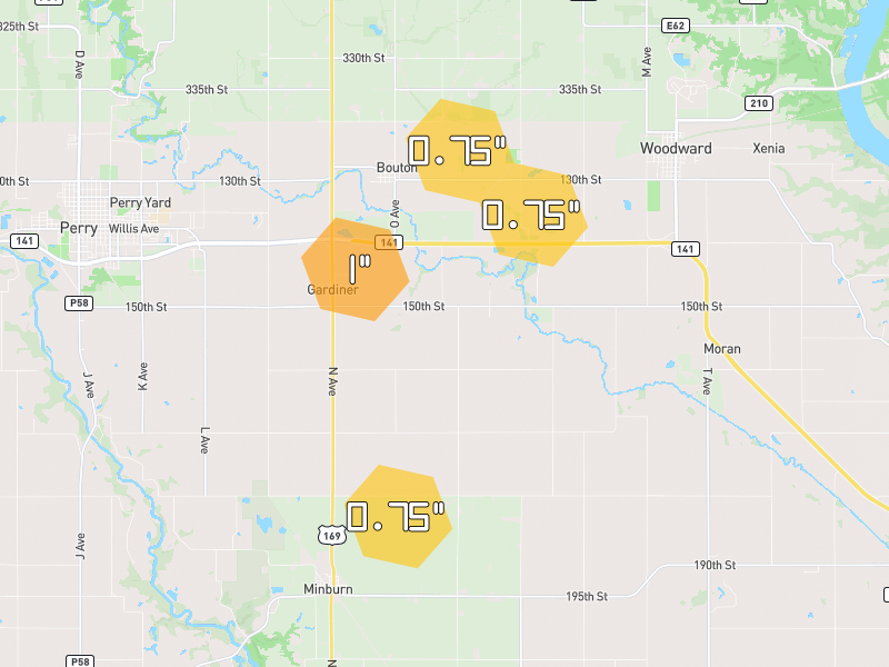 Hail map of Bouton, IA on Jul 3, 2026, hail up to 1"