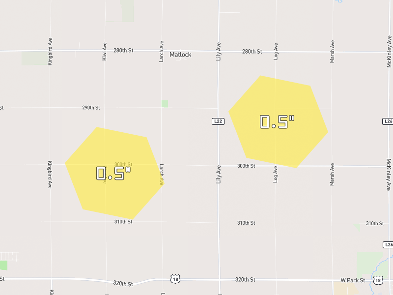 Hail map of Boyden, IA on Jun 1, 2026, hail up to 0.5"