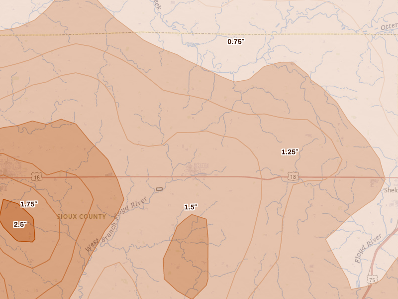 Radar-estimated hail-size map of the storm over Boyden, IA on Jun 27, 2026