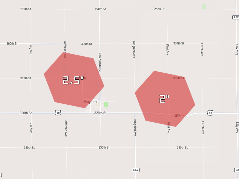 Hail map of Boyden, IA on Jun 28, 2026, hail up to 2.5"