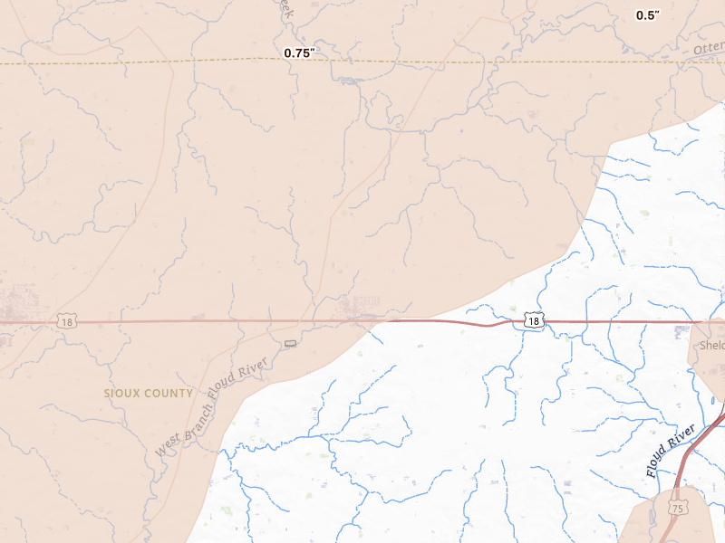 Radar-estimated hail-size map of the storm over Boyden, IA on Jun 29, 2026