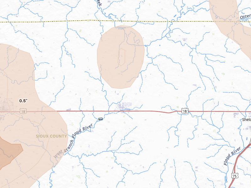 Radar-estimated hail-size map of the storm over Boyden, IA on Jun 30, 2026