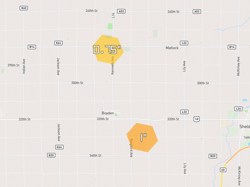 Hail map of Boyden, IA on Jul 1, 2026, hail up to 1"