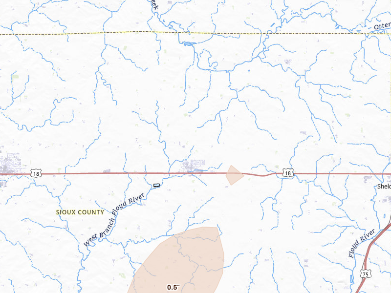 Radar-estimated hail-size map of the storm over Boyden, IA on Jul 2, 2026