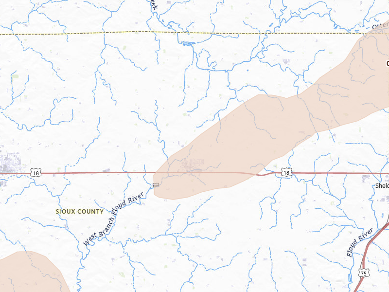 Radar-estimated hail-size map of the storm over Boyden, IA on Aug 3, 2026