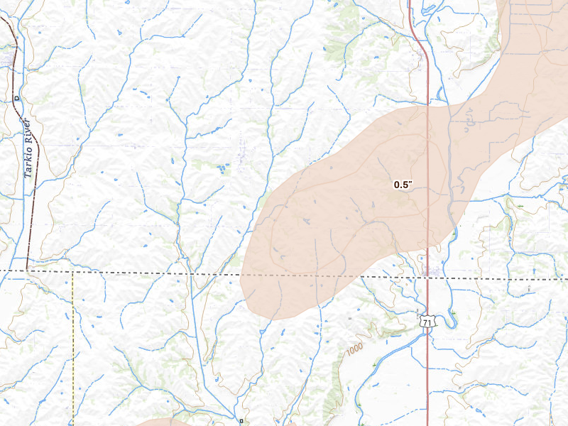 Radar-estimated hail-size map of the storm over Braddyville, IA on May 16, 2026