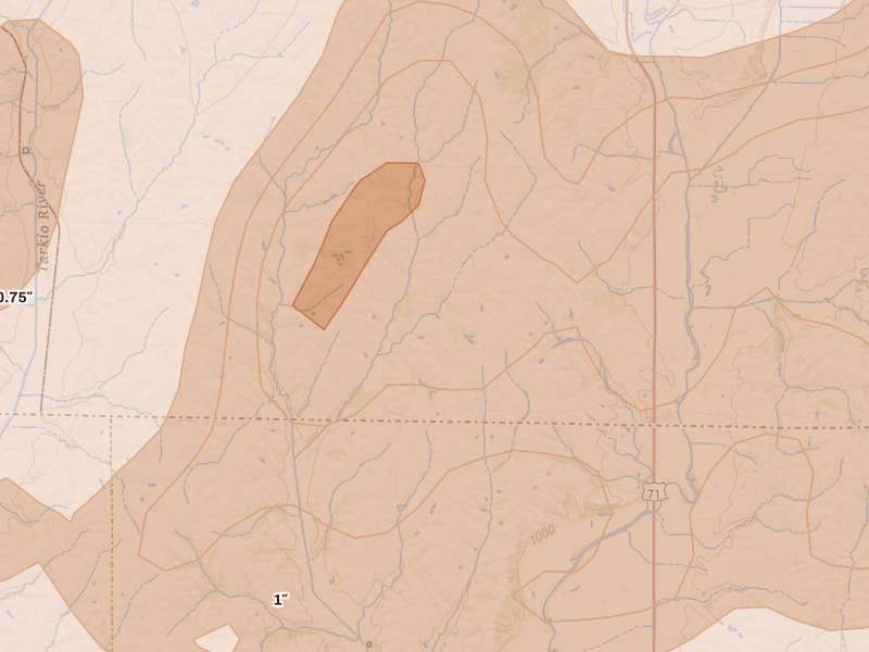 Radar-estimated hail-size map of the storm over Braddyville, IA on May 18, 2026