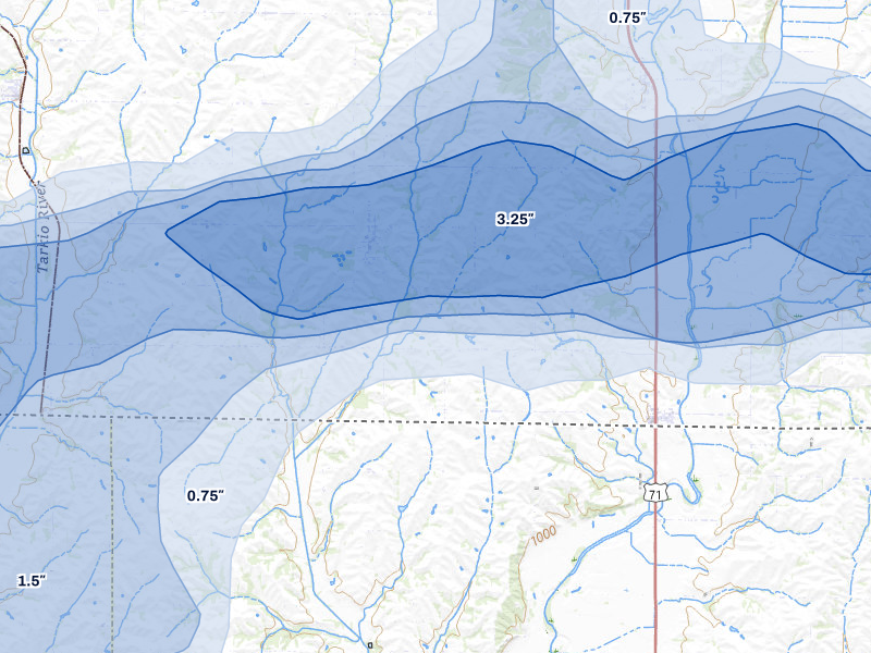 NEXRAD radar-signature map of the hail storm over Braddyville, IA on May 18, 2026