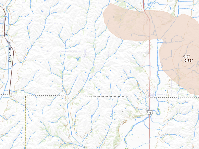 Radar-estimated hail-size map of the storm over Braddyville, IA on May 31, 2026