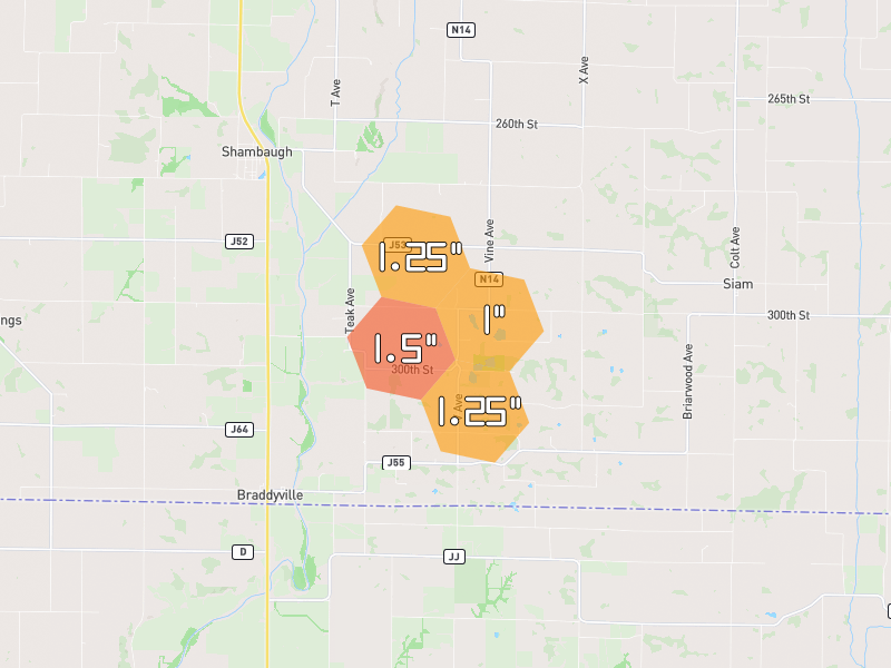 Hail map of Braddyville, IA on Jun 1, 2026, hail up to 1.5"