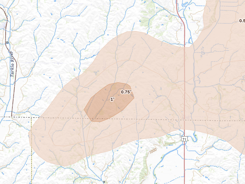 Radar-estimated hail-size map of the storm over Braddyville, IA on Jun 5, 2026