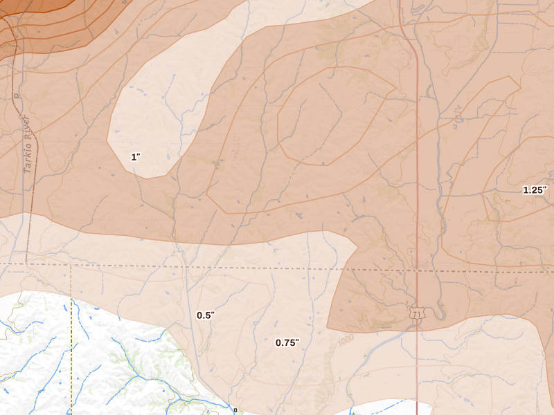 Radar-estimated hail-size map of the storm over Braddyville, IA on Jun 10, 2026
