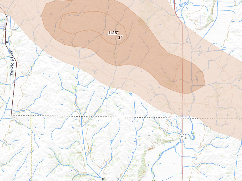 Radar-estimated hail-size map of the storm over Braddyville, IA