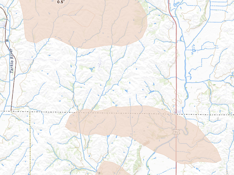 Radar-estimated hail-size map of the storm over Braddyville, IA on Aug 9, 2026