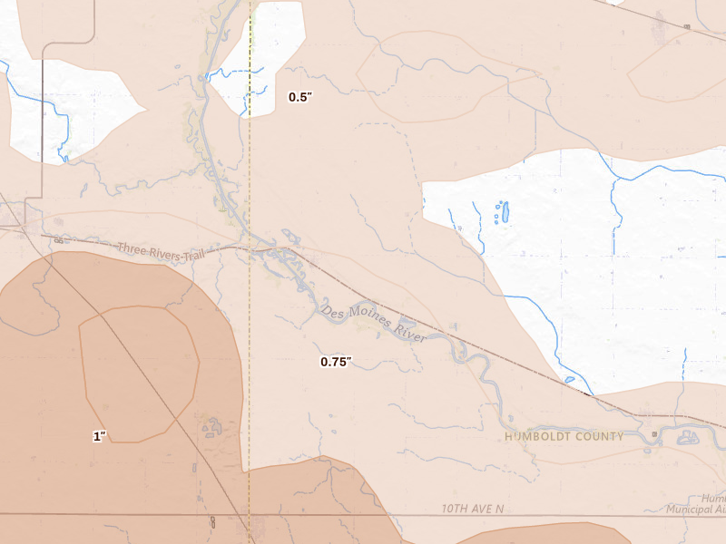 Radar-estimated hail-size map of the storm over Bradgate, IA on May 15, 2026