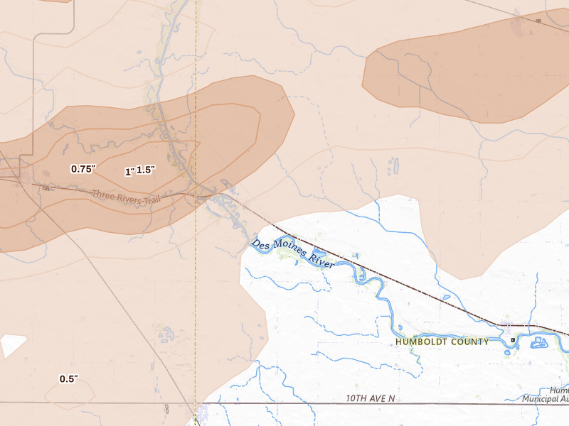 Radar-estimated hail-size map of the storm over Bradgate, IA on Aug 8, 2026