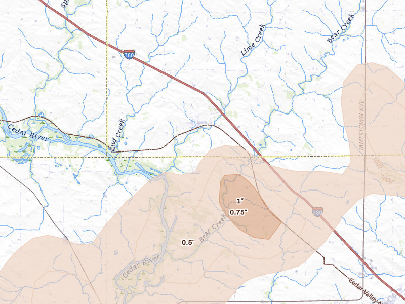 Radar-estimated hail-size map of the storm over Brandon, IA