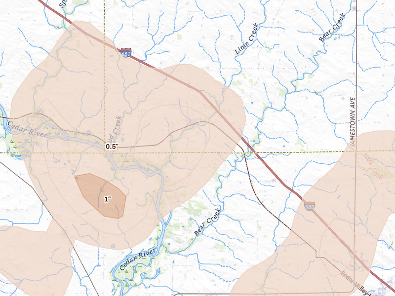 Radar-estimated hail-size map of the storm over Brandon, IA on Jul 2, 2026
