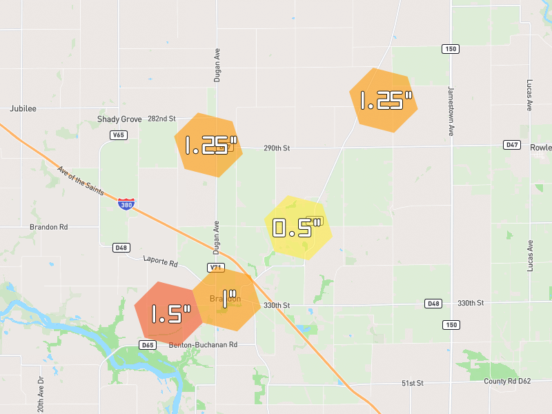 Hail map of Brandon, IA on Jul 2, 2026, hail up to 1.5"