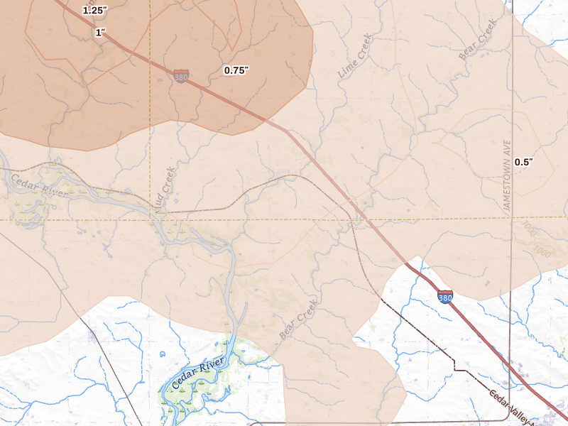 Radar-estimated hail-size map of the storm over Brandon, IA on Aug 7, 2026