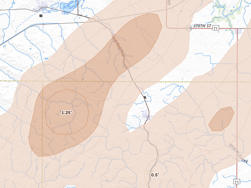 Radar-estimated hail-size map of the storm over Breda, IA on Apr 23, 2026