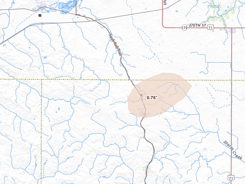 Radar-estimated hail-size map of the storm over Breda, IA on May 16, 2026