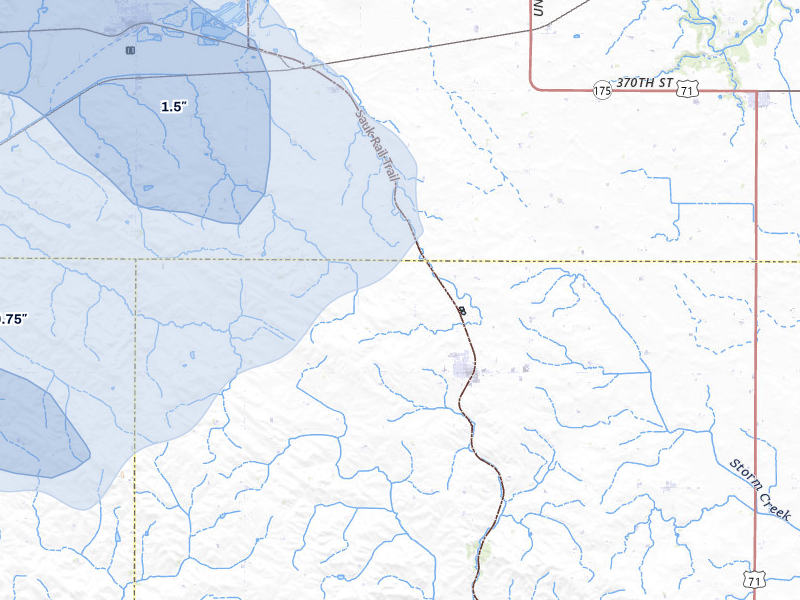 NEXRAD radar-signature map of the hail storm over Breda, IA on Jul 8, 2026
