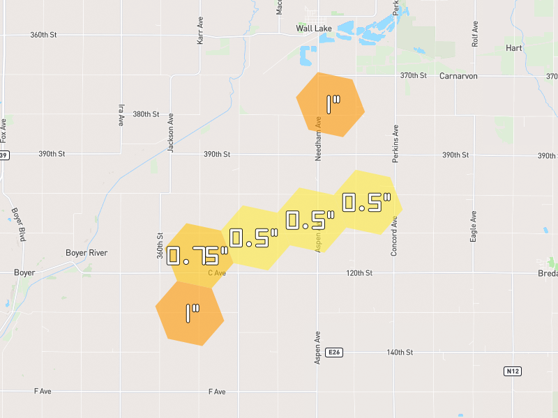 Hail map of Breda, IA on Jul 8, 2026, hail up to 1"