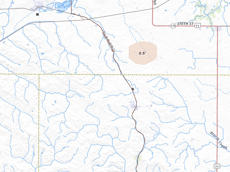 Radar-estimated hail-size map of the storm over Breda, IA on Aug 8, 2026