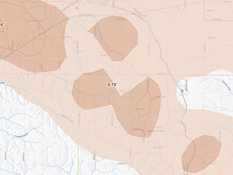 Radar-estimated hail-size map of the storm over Breda, IA