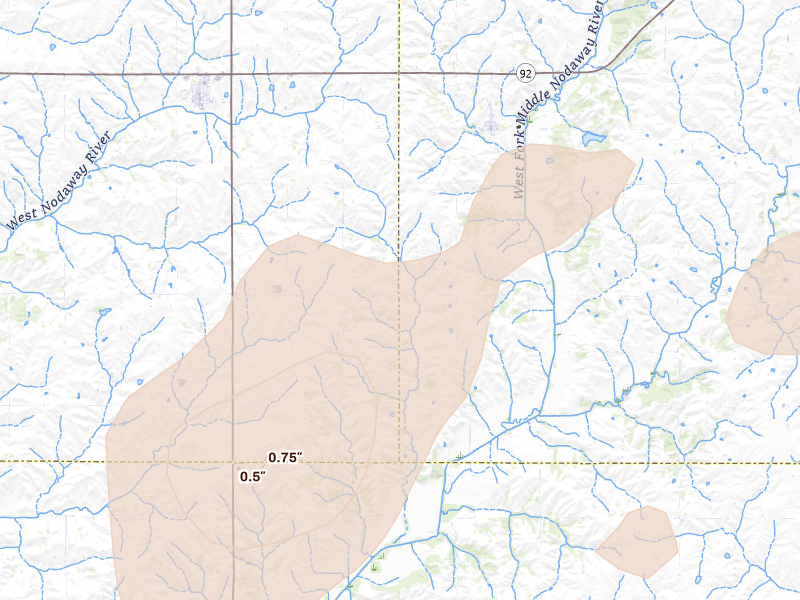 Radar-estimated hail-size map of the storm over Bridgewater, IA on May 18, 2026