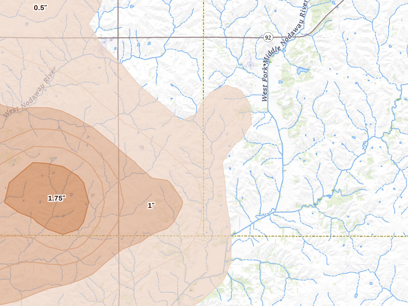 Radar-estimated hail-size map of the storm over Bridgewater, IA on Jun 5, 2026