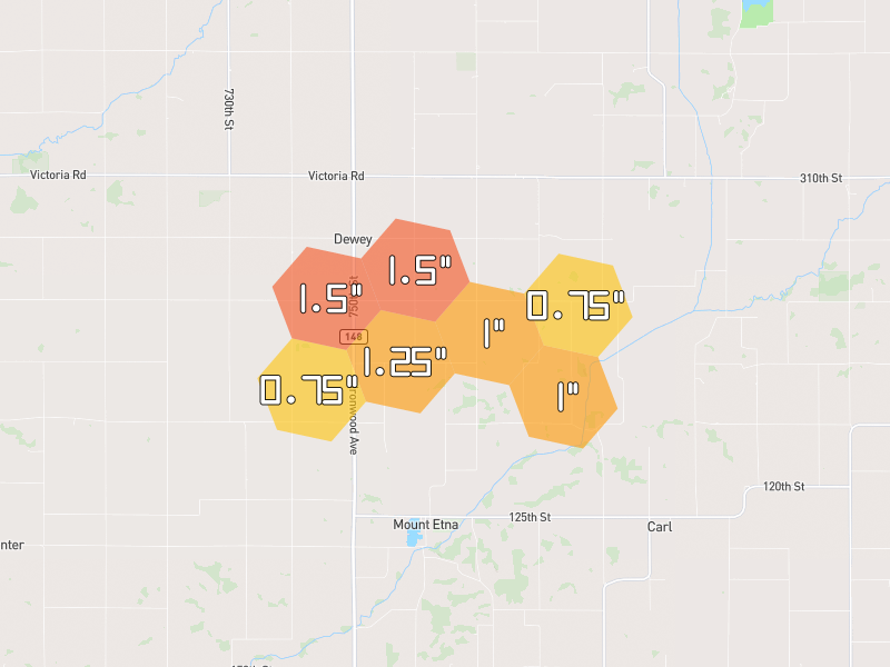Hail map of Bridgewater, IA on Jun 6, 2026, hail up to 1.5"