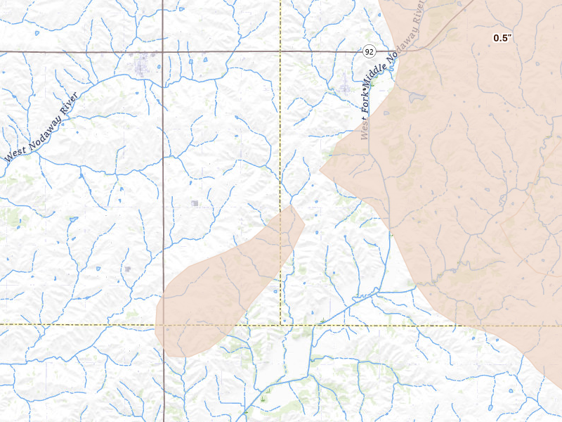 Radar-estimated hail-size map of the storm over Bridgewater, IA on Jul 20, 2026