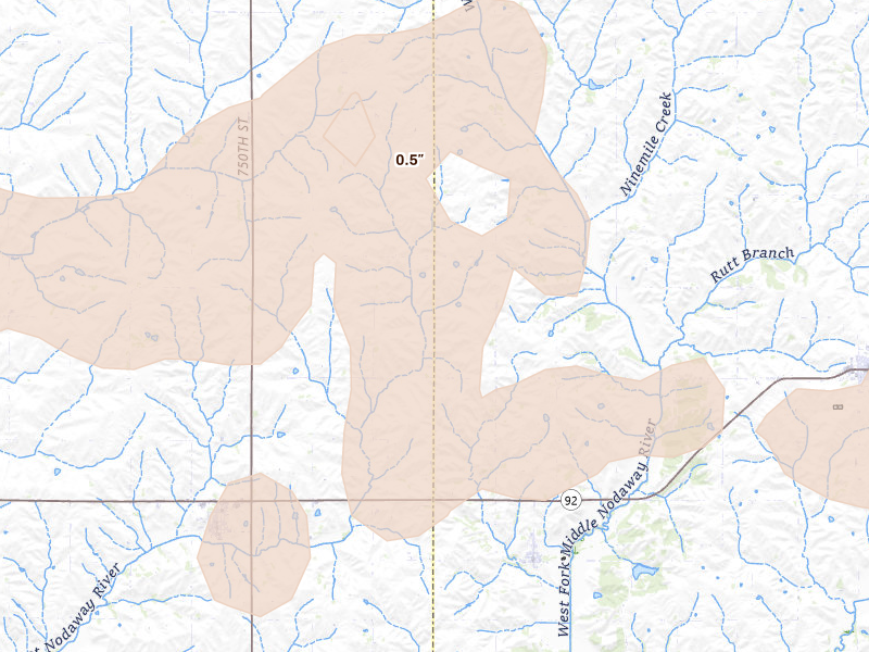 Radar-estimated hail-size map of the storm over Bridgewater, IA on Aug 13, 2026