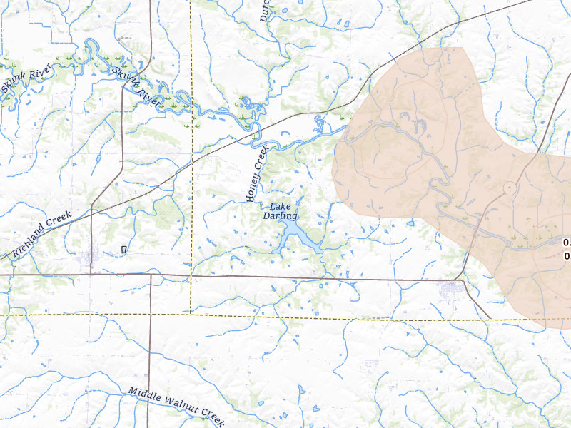Radar-estimated hail-size map of the storm over Brighton, IA on Jul 3, 2026