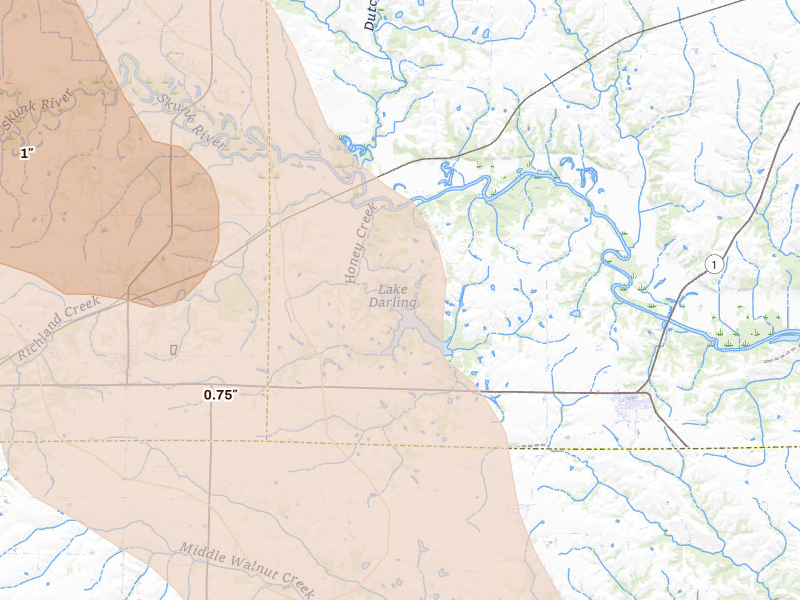 Radar-estimated hail-size map of the storm over Brighton, IA on Jul 20, 2026