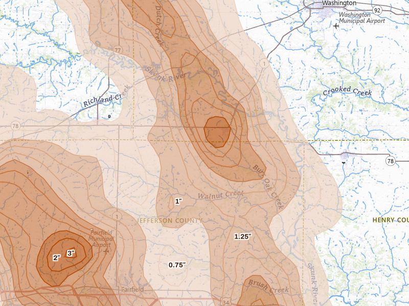Radar-estimated hail-size map of the storm over Brighton, IA on Aug 7, 2026