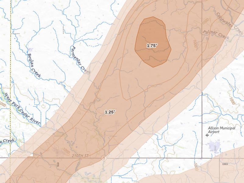 Radar-estimated hail-size map of the storm over Bristow, IA on Apr 14, 2026