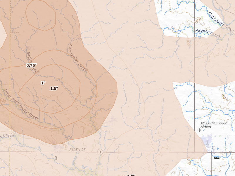 Radar-estimated hail-size map of the storm over Bristow, IA on Jul 20, 2026