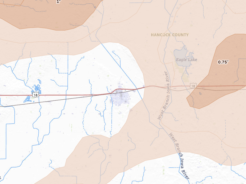 Radar-estimated hail-size map of the storm over Britt, IA on May 15, 2026