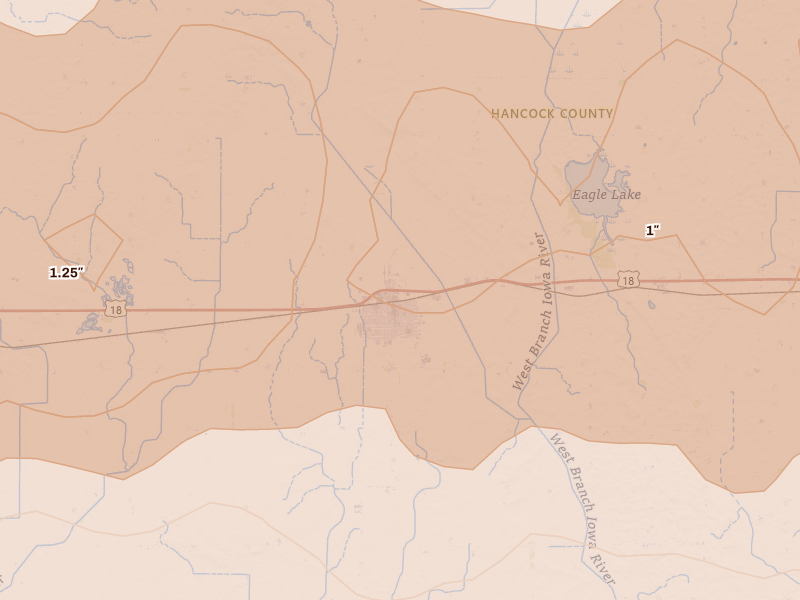 Radar-estimated hail-size map of the storm over Britt, IA on Jun 28, 2026