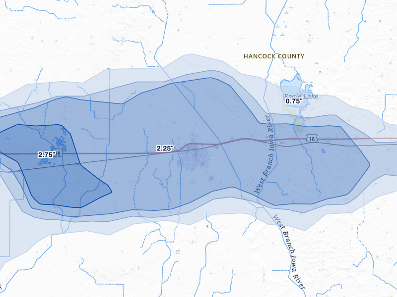 NEXRAD radar-signature map of the hail storm over Britt, IA on Jun 28, 2026