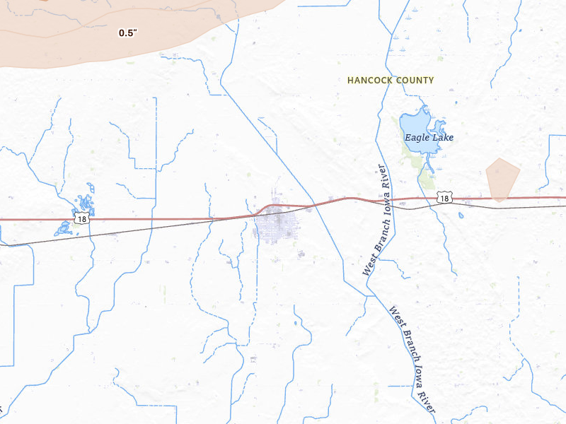 Radar-estimated hail-size map of the storm over Britt, IA on Jul 2, 2026