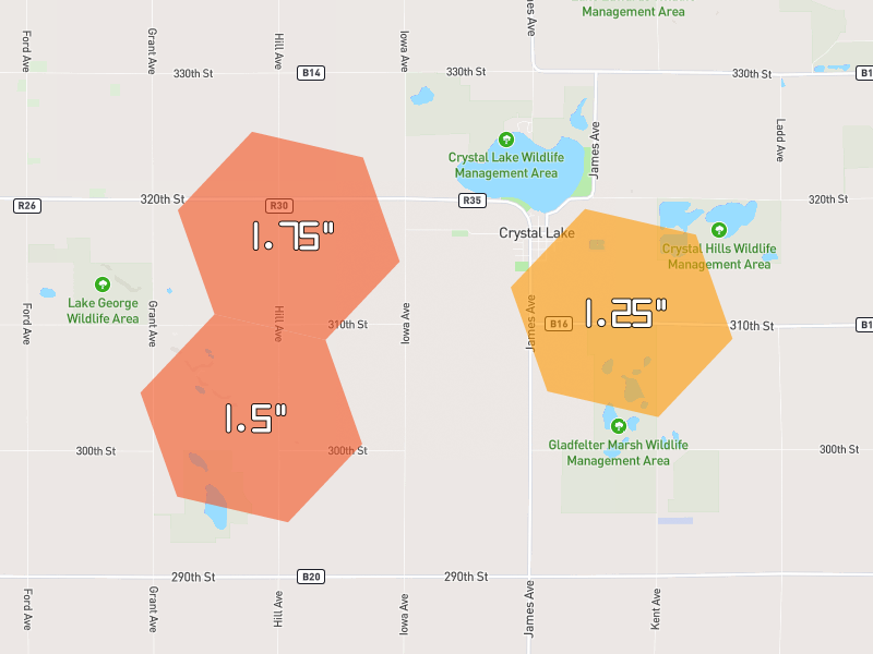 Hail map of Britt, IA on Jul 2, 2026, hail up to 1.75"