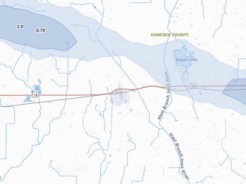 NEXRAD radar-signature map of the hail over Britt, IA