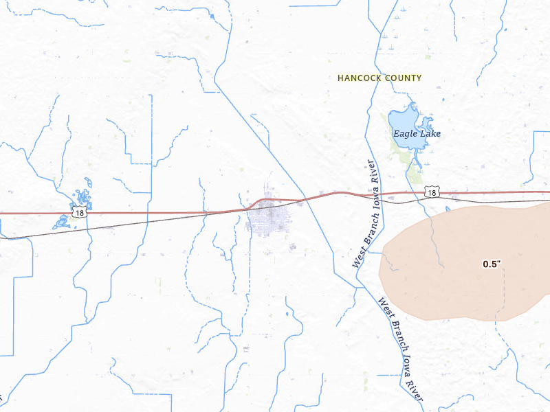 Radar-estimated hail-size map of the storm over Britt, IA on Jul 8, 2026