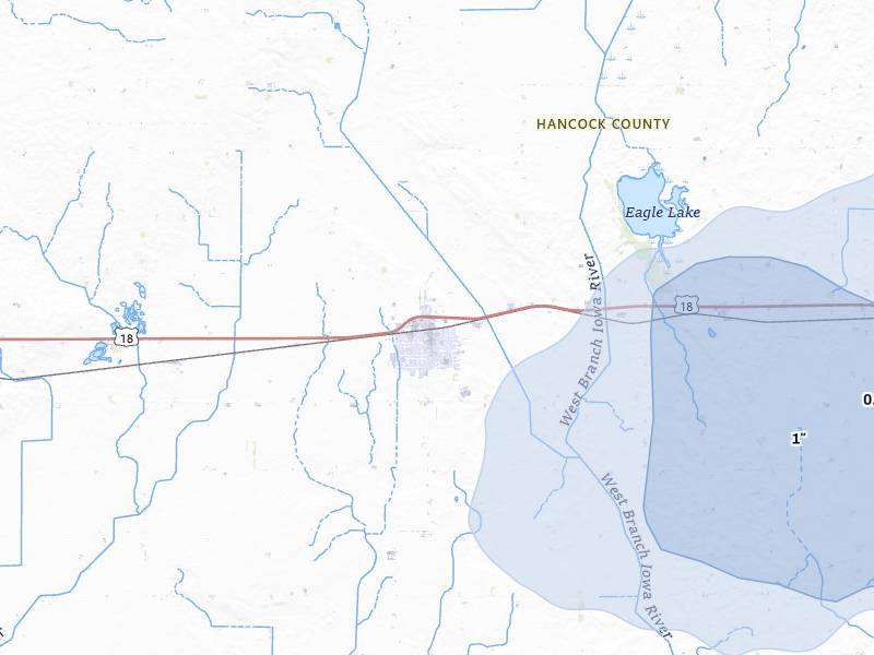 NEXRAD radar-signature map of the hail storm over Britt, IA on Jul 8, 2026